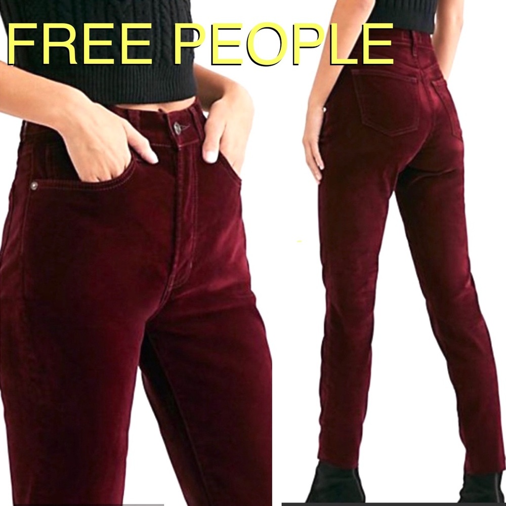 NWT Free People BUTTON FLY Stella Maroon Velvet Skinny Jeans size 25